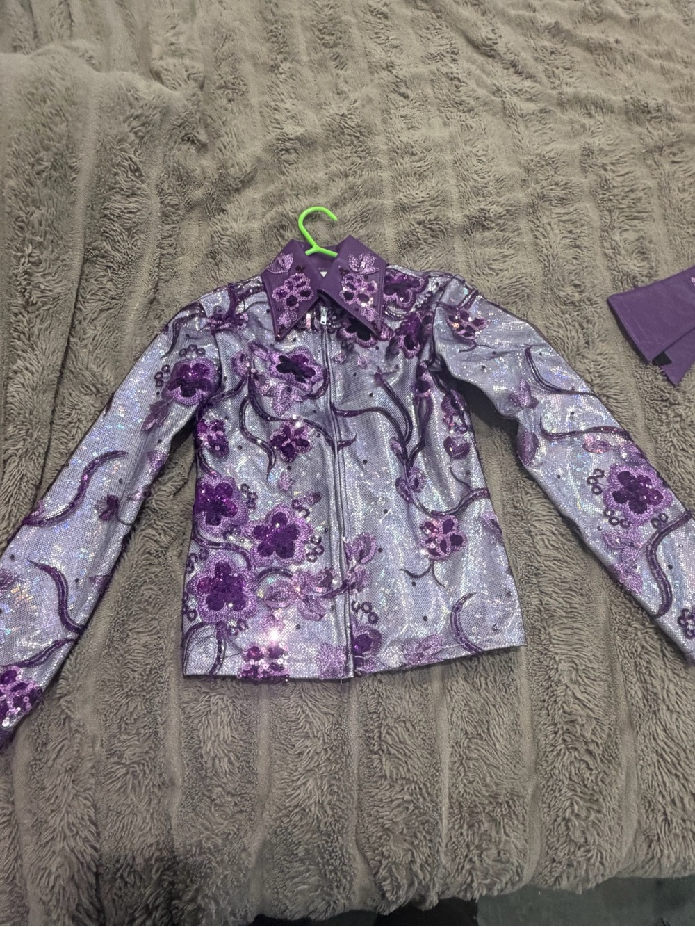 Girls' Purple Floral Sequin Jacket - Sparkle Zip Front Top